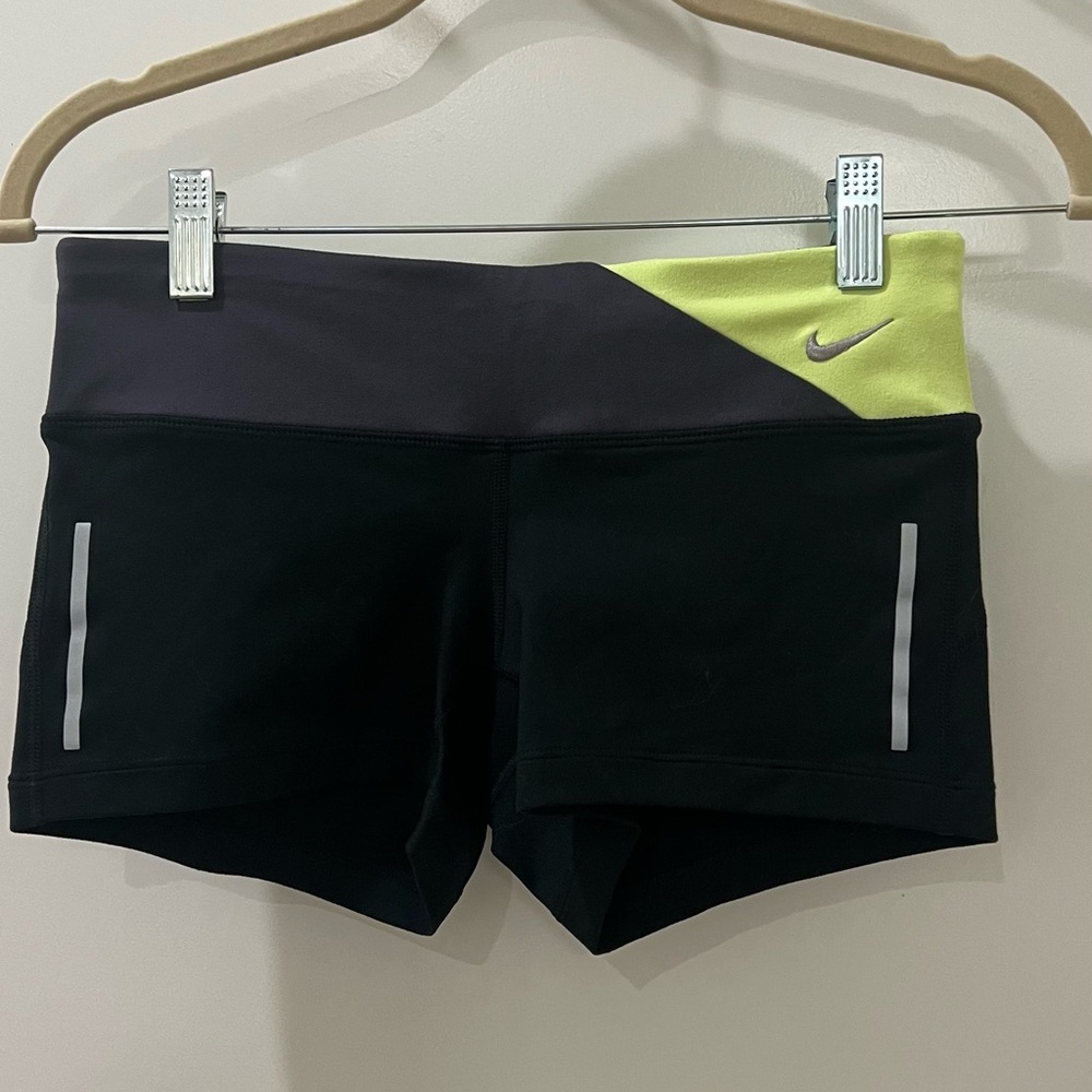 Nike Women's Black and Neon Yellow Athletic Shorts